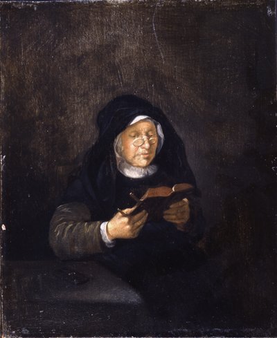 Oude Vrouw Leest door Quiringh Gerritsz. van Brekelenkam