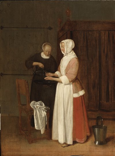 Een vrouw die haar handen wast, 1662 door Quiringh Van Brekelenkam