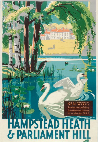 Hampstead Heath en Parliament Hill, London County Council LCC Tramways poster, 1933 door RF Fordred