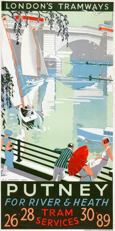 Putney, voor rivier en heide, London County Council LCC Tramways poster, 1932 door RF Fordred