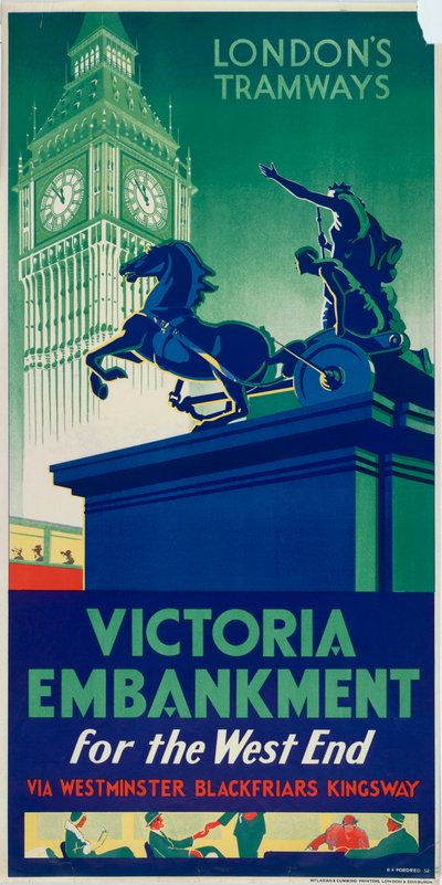 Victoria Embankment, London County Council LCC Tramways poster, 1932 door RF Fordred