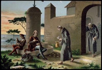 De aankomst van Christoffel Columbus met zijn zoon in het klooster van La Rabida door R. Puiggari