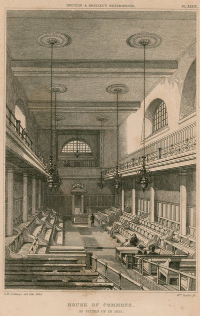 House of Commons, Westminster, Londen, zoals ingericht in 1835 door R. W. Billings
