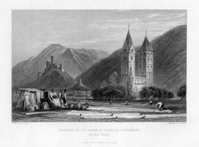 Kerk van St. Jan en kasteel Lahneck aan de Rijn, 1838 door R. Wallis