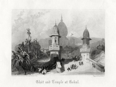 Ghat en Tempel in Gokul, India, ca. 1838 door R. Wallis