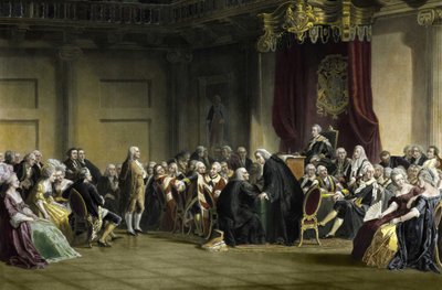 Benjamin Franklin (1706-1790), Amerikaanse filosoof, natuurkundige en staatsman voor de Lords of the Privy Council, Whitehall Chapel, Londen. door R. Whitechurch