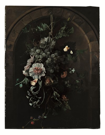 Een Slinger van Druiven, Stokrozen, Irissen, Kaasjeskruid, Afrikaanse Goudsbloemen, Clematis, een Paardenkastanje en Bramen met Vlinders en andere Insecten voor een Stenen Boog door Rachel Ruysch
