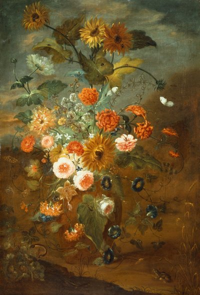 Rozen, Anjers, Zonnebloemen in een Vaas met Vlinders, Kikkers, Insecten door Rachel Ruysch