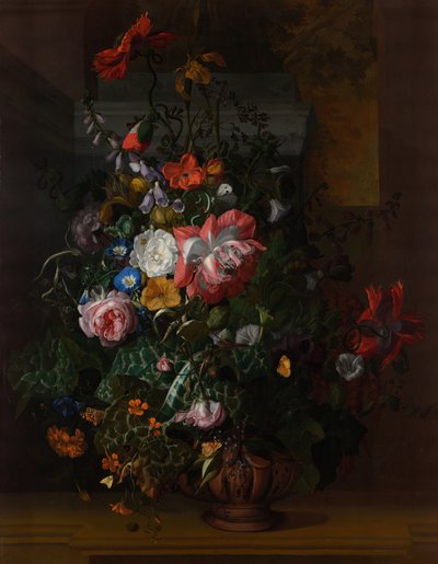 Rozen, Winde, Klaprozen en Andere Bloemen in een Urn op een Stenen Lijst door Rachel Ruysch