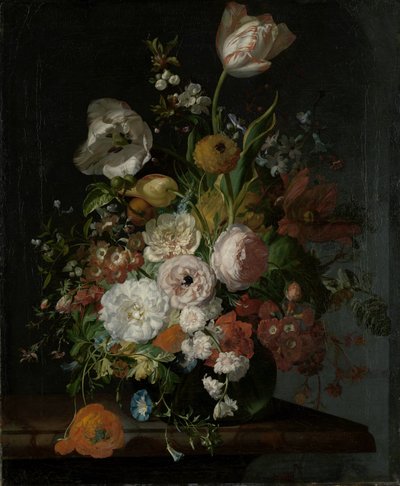 Stilleven met bloemen in een glazen vaas door Rachel Ruysch
