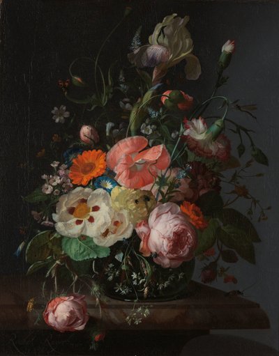 Stilleven met bloemen op een marmeren tafelblad door Rachel Ruysch
