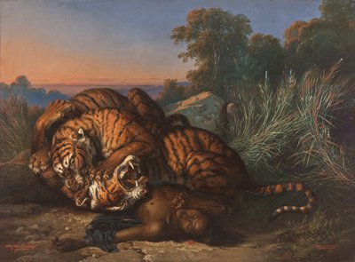 Vechtende tijgers boven het lijk van een Javaan door Raden Ben Jaggia Saleh Syarif Bustaman