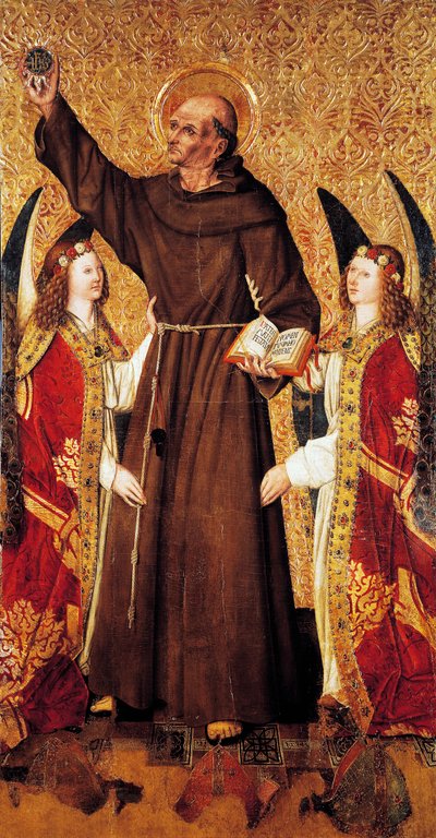 St. Bernardus en engelen, centraal paneel van St. Bernardus altaarstuk door Rafael Tomas (actief 1455-1479), predella door Joan Figuera (actief vanaf 1454-gestorven 1477 of 1479), tempera op paneel, 398,9x253 cm door Rafael & Figuera Joan (active c.1454 1477) Tomas