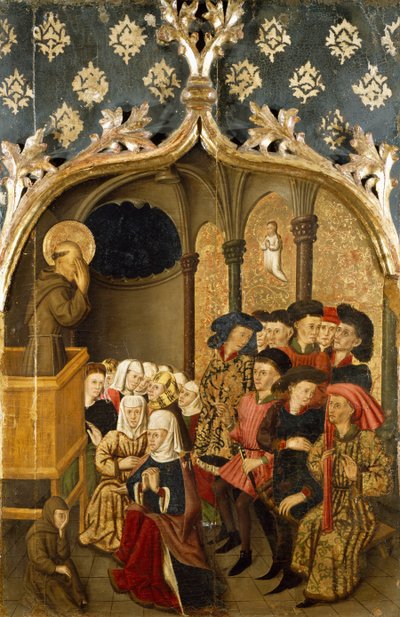 Visioen tijdens preek, detail van linker paneel van St Bernand Altaarstuk door Rafael Tomas, predella door Joan Figuera door Rafael & Figuera Joan (active c.1454 1477) Tomas