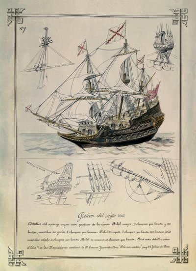 Galei uit de 17e eeuw in een tekening uit de 19e eeuw door Rafael Monleon y Torres