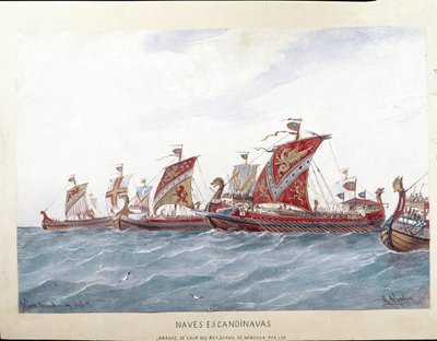 Voorstelling van de vloot van koning Olaf I van Noorwegen door Rafael Monleon y Torres