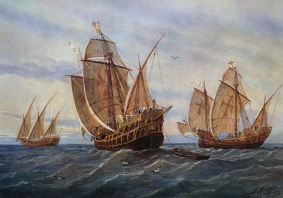 De drie karvelen van Christoffel Columbus door Rafael Monleon y Torres