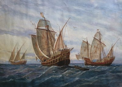 De drie karvelen van Christoffel Columbus door Rafael Monleon y Torres