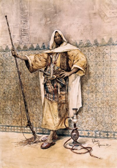 Oriëntalisme: Portret van een Arabische man, soldaat met wapens, hij draagt messen aan de riem. door Rafael Senet