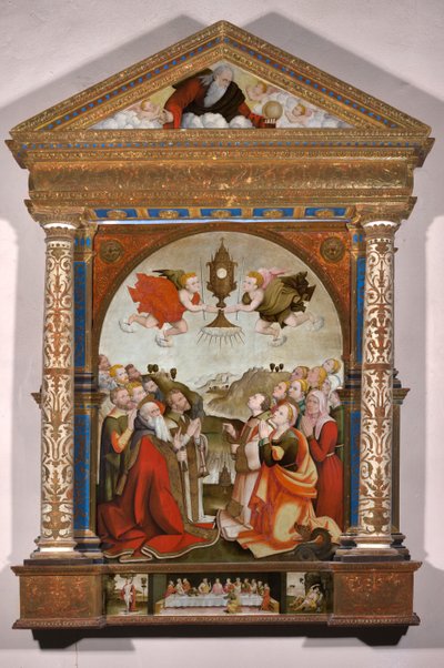 Altaarstuk van de Aanbidding van het Heilig Sacrament, in de predella: Het Laatste Avondmaal, Sint Sebastiaan en Sint Rochus door Raffaele De (fl.1514 1573) Pancalino