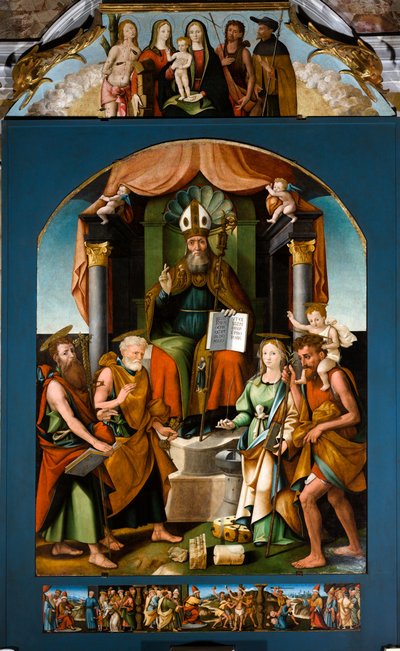 Sint Blasius op de troon tussen Sint Petrus, Paulus, Catharina van Alexandrië en Christoffel, centraal altaarstuk door Raffaele De (fl.1514 1573) Pancalino
