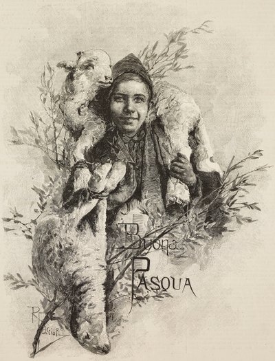 Vrolijk Pasen, jonge man met lam op zijn schouders, gravure naar een schilderij van Raffaele Faccioli, uit L