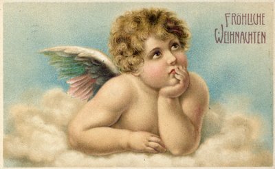 Duitse kerstkaart met Rafaëls cherubijn door Raffaello Sanzio Raphael