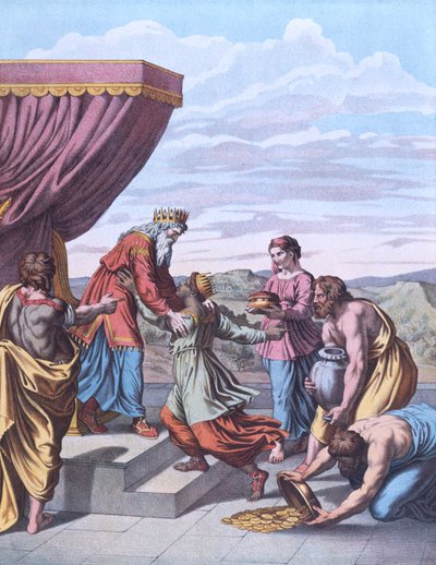 Koning Salomo ontvangt de koningin van Sheba, illustratie uit 