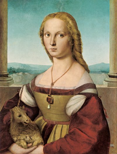 Portret van een jonge dame met een eenhoorn, 1505-1506 door Raffaello Sanzio Raphael