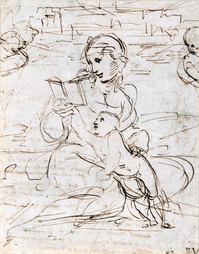 Lezende Madonna en Kind in een Landschap tussen twee Cherubijnenhoofden, 1509 door Raffaello Sanzio Raphael