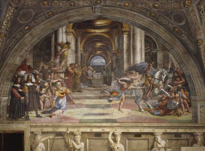 De verdrijving van Heliodorus uit de tempel, Stanza di Eliodoro, 1511-12 door Raffaello Sanzio Raphael
