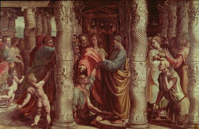 De genezing van de lamme man (cartoon voor de Sixtijnse Kapel) (voor restauratie) door Raffaello Sanzio Raphael