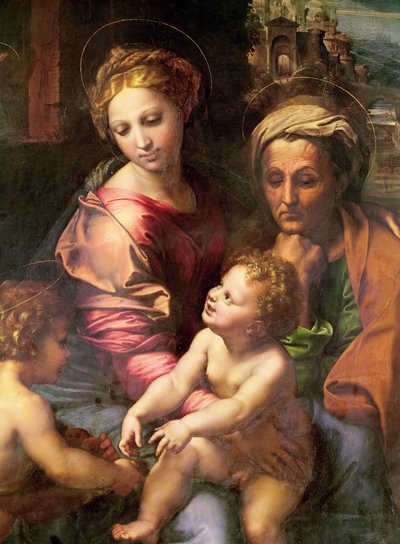 De Heilige Familie (of De Parel), detail: de Maagd, Sint-Elizabeth en Kind, ca. 1518 door Raffaello Sanzio Raphael