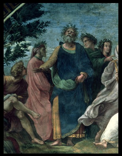 De Parnassus, detail van Homerus, Dante en Vergilius, in de Stanze della Segnatura, 1510-11 door Raffaello Sanzio Raphael