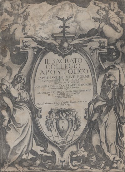 Frontispice met twee figuren die rollen vasthouden en cherubijnen die het cartouche flankeren, 1606-07 door Raffaello Schiaminossi