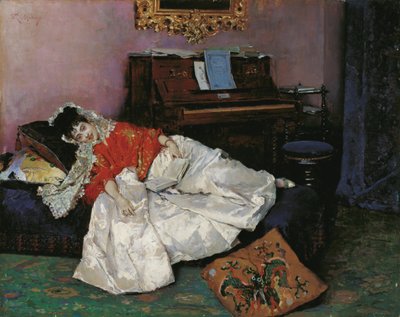 Lezing - Portret van Aline Masson gekleed in Japanse stijl door Raimundo de Madrazo y Garreta