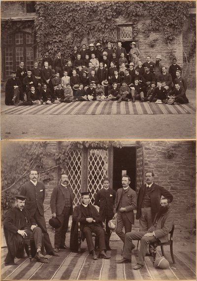 Directeur en leraren van de Bishop Cotton School, Shimla (recto); leerlingen uit de middenklas en personeel van de Bishop Cotton School, Shimla (verso) door Raja Deen Dayal