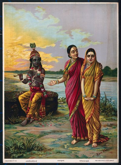 Krishna verklaart zijn liefde aan Radha via een vertrouwelinge door Raja Ravi Varma