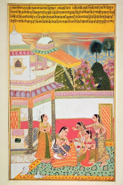 Vrouw die de handpalmen verft, uit Bundi, 1800 door Rajasthani School