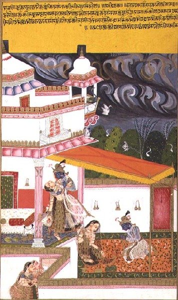 Folio 72. Krishna vleit Radha terwijl een storm opsteekt, uit de 