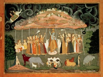 Krishna ondersteunt de berg Govardhana door Ustad Sahibdin, Bikaner door Rajput School