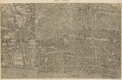 Civitas Londinium, uit de originele survey in de Guildhall Library, uit het bewind van Koningin Elizabeth door Ralph Agas
