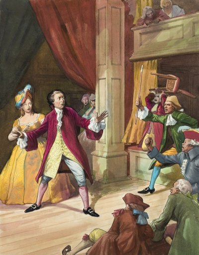 David Garrick (1717-79) oog in oog met een oproer door theaterbezoekers (gouache op papier) door Ralph Bruce