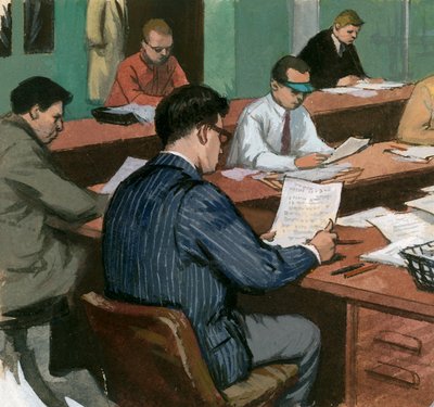 Journalisten aan hun bureau in de jaren 1960 door Ralph Bruce