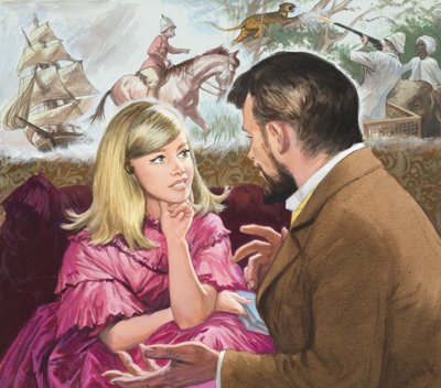 Mary Kingsley (1862-1900) de ontdekkingsreiziger, luisterend naar haar oom, de verhalenverteller Charles Kingsley (1819-75) (gouache op papier) door Ralph Bruce