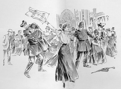 De ontembare suffragettes zorgen voor afleiding in de lobby, uit een artikel getiteld 