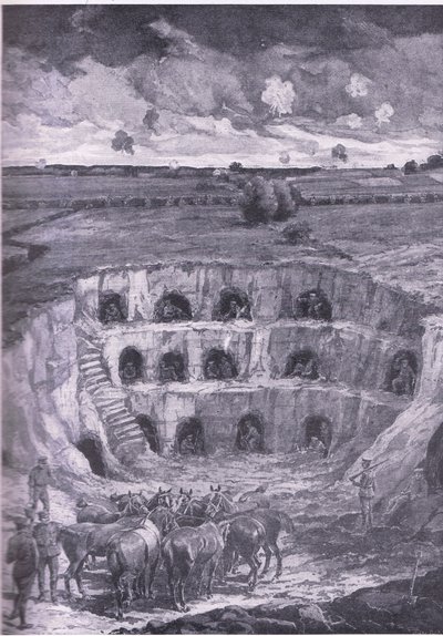De moderne holbewoners, uit Geschiedenis van de Grote Oorlog Vol 3 gepubliceerd door Waverley Book Co Limited, ca. 1920 door Ralph Cleaver