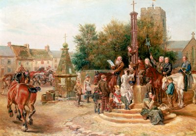 Het uitroepen van Stagshaw Fair in Corbridge door Ralph Hedley