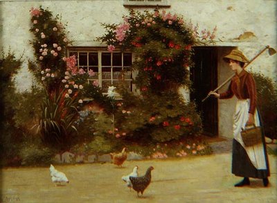 Jong meisje met een schoffel buiten een huisje door Ralph Todd