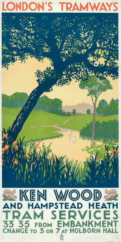 Kenwood en Hampstead Heath, London County Council LCC Tramways poster, 1928 door Ralph and Brown Studios